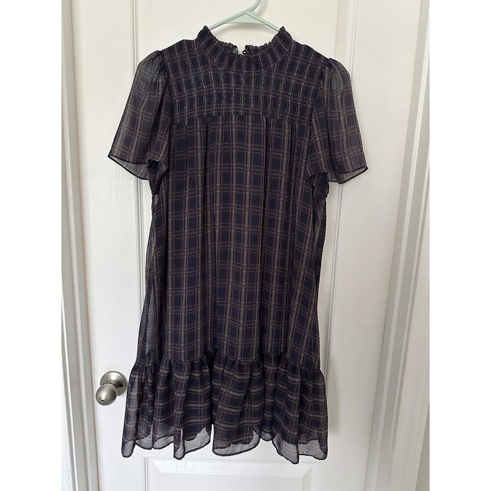 AQUA (Bloomingdale's) Smocked Plaid Ruffle Mini Shift Dress Size M - Picture 2 of 8